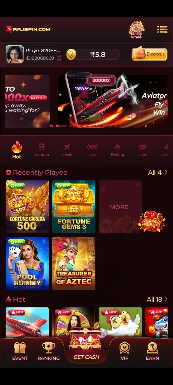 RajSpin game lobby with category tabs and game cards